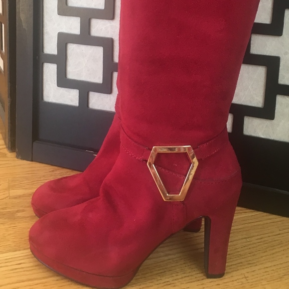 Impo Shoes - Red Suede Knee High Boots w/ Gold Hardware Accent